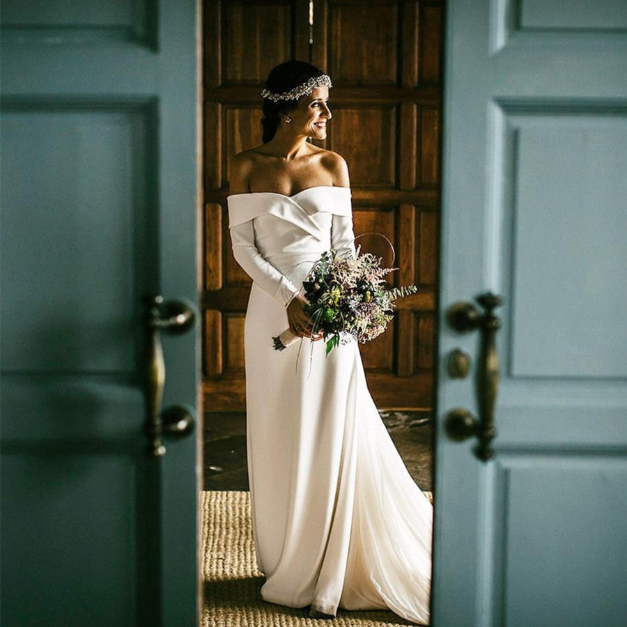 Stylish V-Neck Long Sleeves Wedding Dresses Satin Bridal Gowns Off The Shoulder Stylish V-Neck Long Sleeves Wedding Dresses Satin Bridal Gowns Off The Shoulder