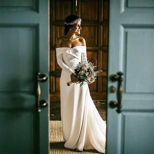 Stylish V-Neck Long Sleeves Wedding Dresses Satin Bridal Gowns Off The Shoulder-alinanova