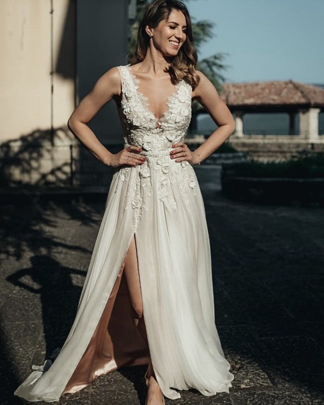 Summer Beach Wedding Dresses Lace V Neck Leg Split Summer Beach Wedding Dresses Lace V Neck Leg Split