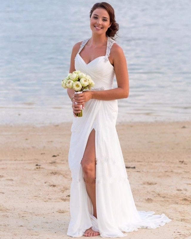 Summer Style White Chiffon V-neck Long Split Wedding Dresses Beach Summer Style White Chiffon V-neck Long Split Wedding Dresses Beach