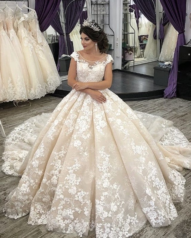Sweep Train Cap Sleeves Ball Gown Lace Wedding Dress Sweep Train Cap Sleeves Ball Gown Lace Wedding Dress