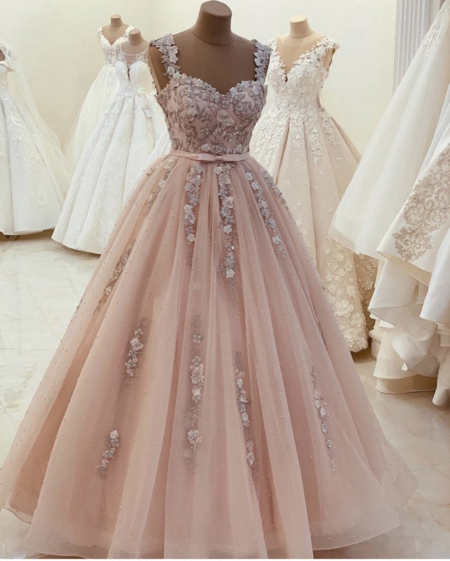 blush prom dresses Tulle Prom Dresses Ball Gown Lace Flowers Sweetheart Straps – alinanova
