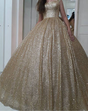 Load image into Gallery viewer, Sweetheart Bow Back Sequins Ball Gowns Prom Dresses