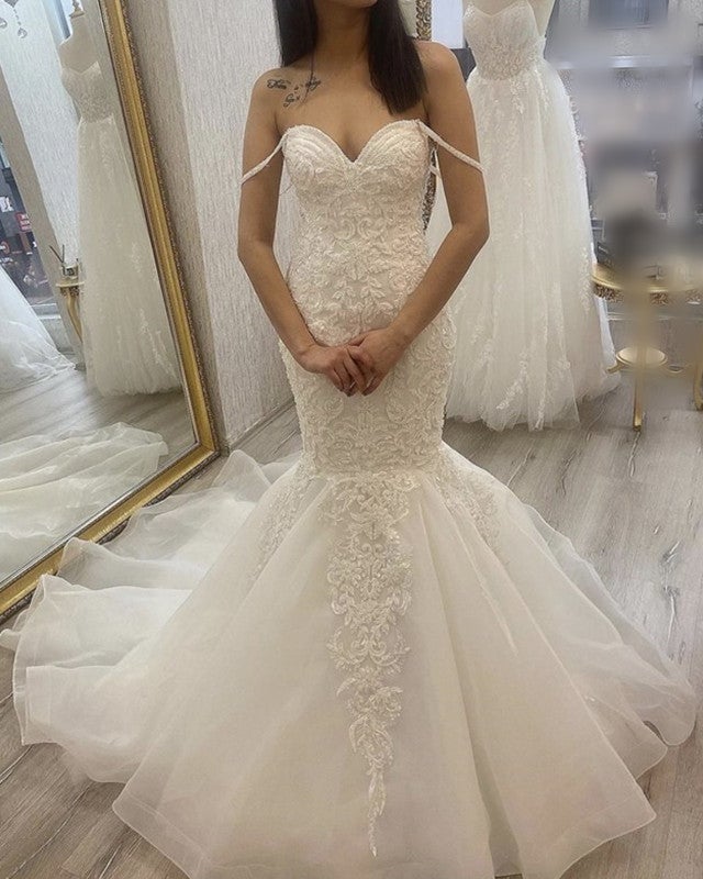 Sweetheart Mermaid Wedding Dresses Lace Embroidery Off Shoulder Sweetheart Mermaid Wedding Dresses Lace Embroidery Off Shoulder