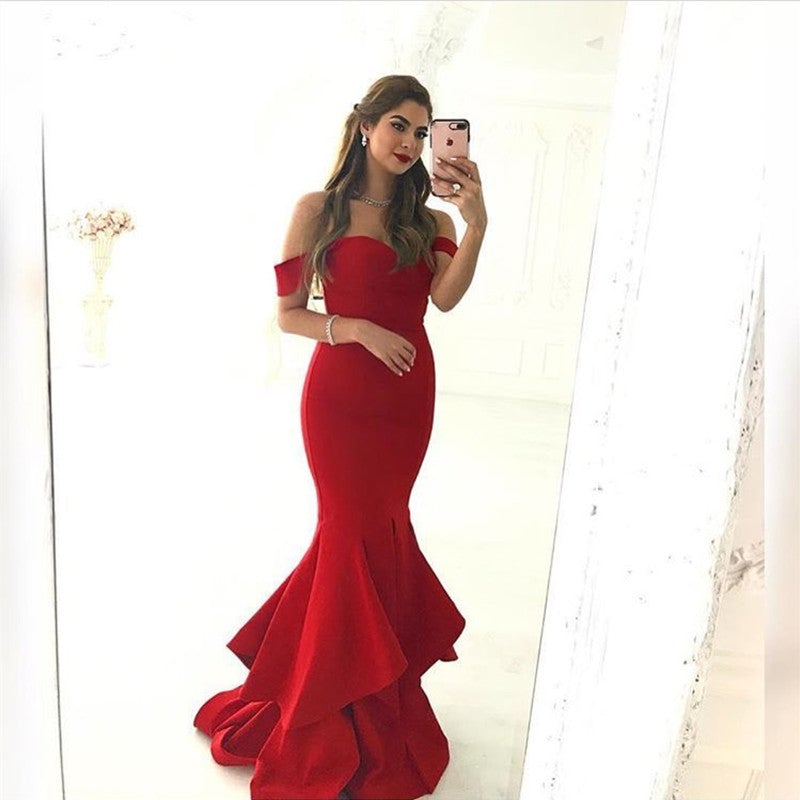 Sweetheart Off The Shoulder Long Satin Ruffles Mermaid Evening Dresses alinanova Sweetheart Off The Shoulder Long Satin Ruffles Mermaid Evening Dresses alinanova