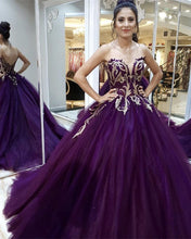 Load image into Gallery viewer, Sweetheart Organza Ball Gown Dresses Gold Lace Embroidery