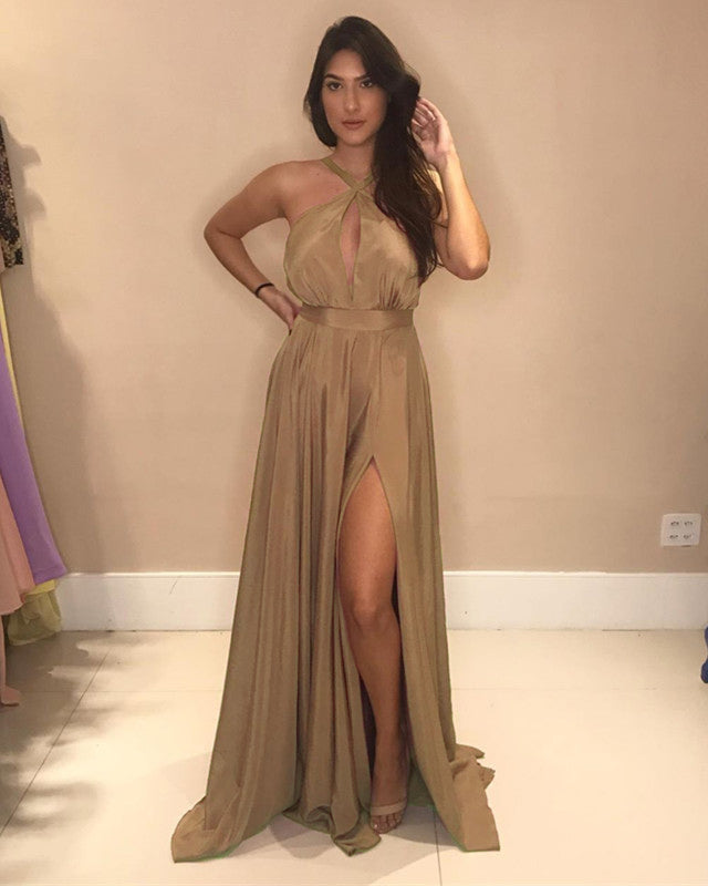 Long Halter Chiffon Bridesmaid Dresses Leg Slit Long Halter Chiffon Bridesmaid Dresses Leg Slit