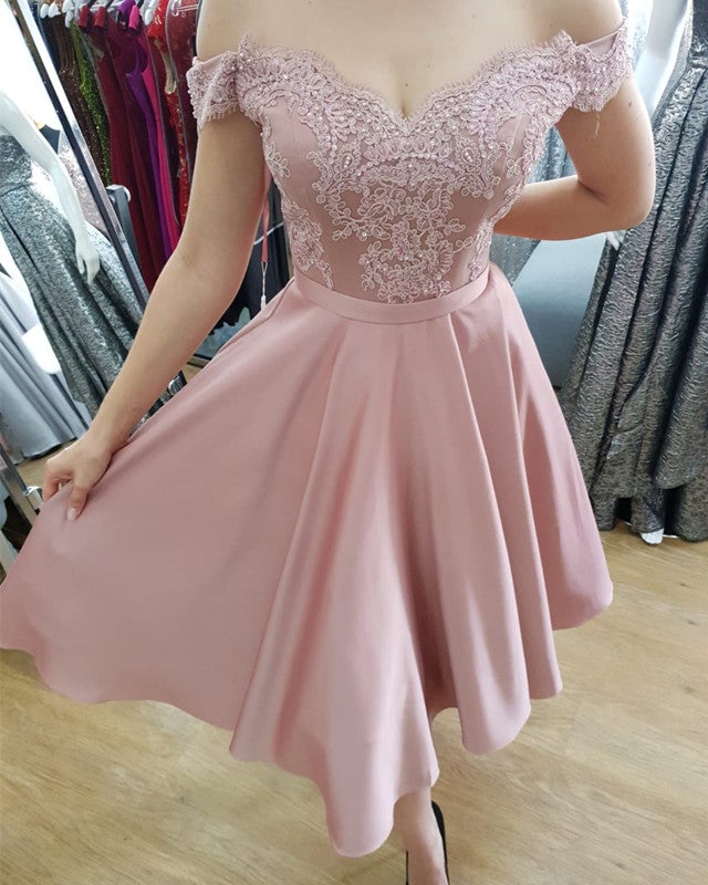 Tea Length Bridesmaid Dresses Lace Appliques Off Shoulder