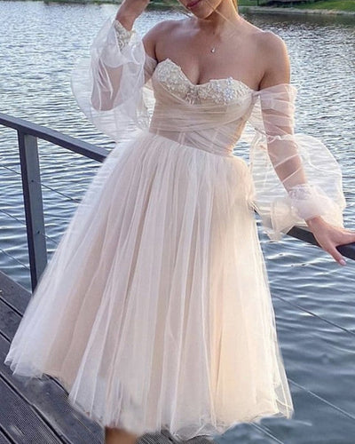 Tea Length Cottagecore Wedding Dress Puffy Sleeves-alinanova