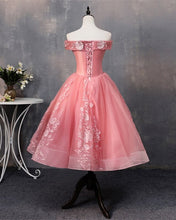 Load image into Gallery viewer, Tea Length Prom Dresses Tulle Lace Embroidery Ball Gown Off Shoulder
