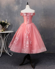 Load image into Gallery viewer, Tea Length Prom Dresses Tulle Lace Embroidery Ball Gown Off Shoulder