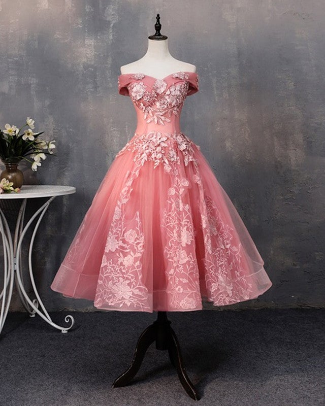 Tea Length Prom Dresses Tulle Lace Embroidery Ball Gown Off Shoulder
