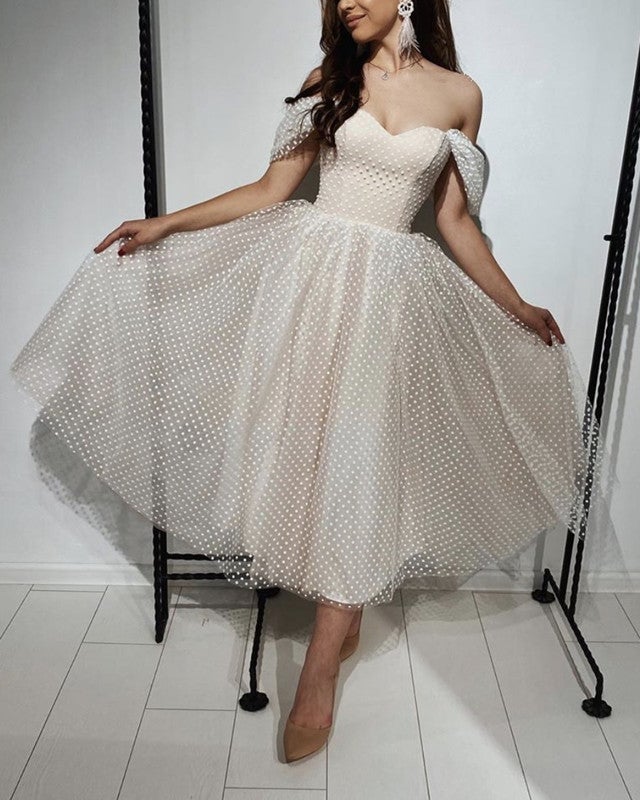 chinese dress ladies Off the Shoulder Tea Length Sheer Bodice Lace Wedding Dress – Rosymae main image 0