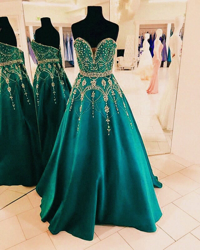 Teal Green Ball Gown Satin Prom Dresses Sweetheart Beaded Teal Green Ball Gown Satin Prom Dresses Sweetheart Beaded
