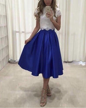 Load image into Gallery viewer, Royal Blue Satin Tea Length Bridesmaid Dresses Lace Crop