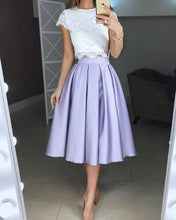 Load image into Gallery viewer, Lilac Satin Tea Length Bridesmaid Dresses Lace Crop