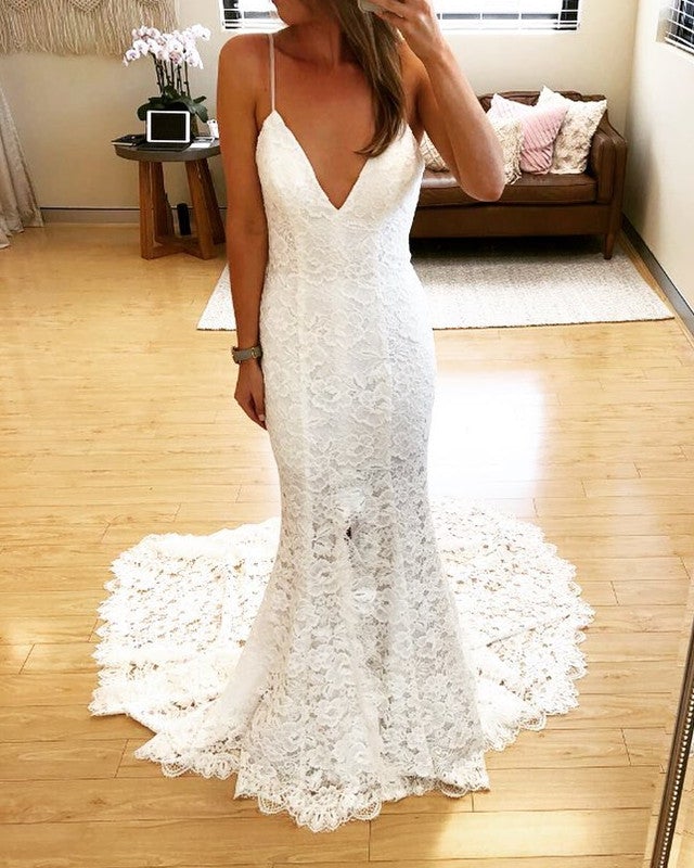 Trumpet /Mermaid V-neck Backless Lace Wedding Dresses Trumpet /Mermaid V-neck Backless Lace Wedding Dresses