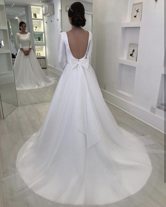 Tulle and Satin Bow Back Wedding Dresses with Sleeves Tulle and Satin Bow Back Wedding Dresses with Sleeves