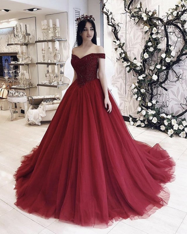 Tulle Ball Gown Dresses Beaded V Neck Off Shoulder Tulle Ball Gown Dresses Beaded V Neck Off Shoulder