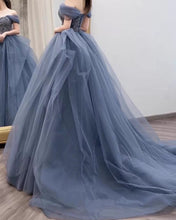 Load image into Gallery viewer, Blue Off The Shoulder Tulle Prom Dresses