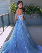 Load image into Gallery viewer, Blue Off The Shoulder Prom Dresses