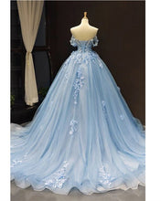 Load image into Gallery viewer, Light Blue Tulle Quinceanera Dresses Lace Off Shoulder