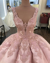Load image into Gallery viewer, Tulle Ball Gown V Neck Quinceanera Dresses Lace Embroidery