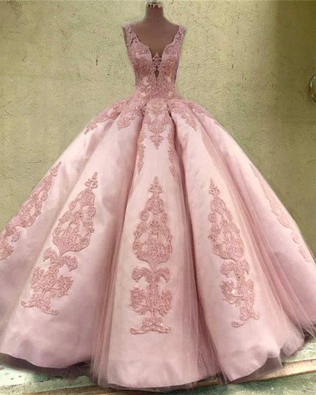Tulle Ball Gown V Neck Quinceanera Dresses Lace Embroidery – alinanova