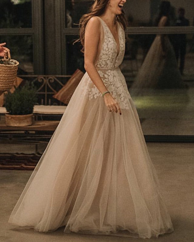 Tulle Bohemian Wedding Dress V Neck Embroidery Tulle Bohemian Wedding Dress V Neck Embroidery