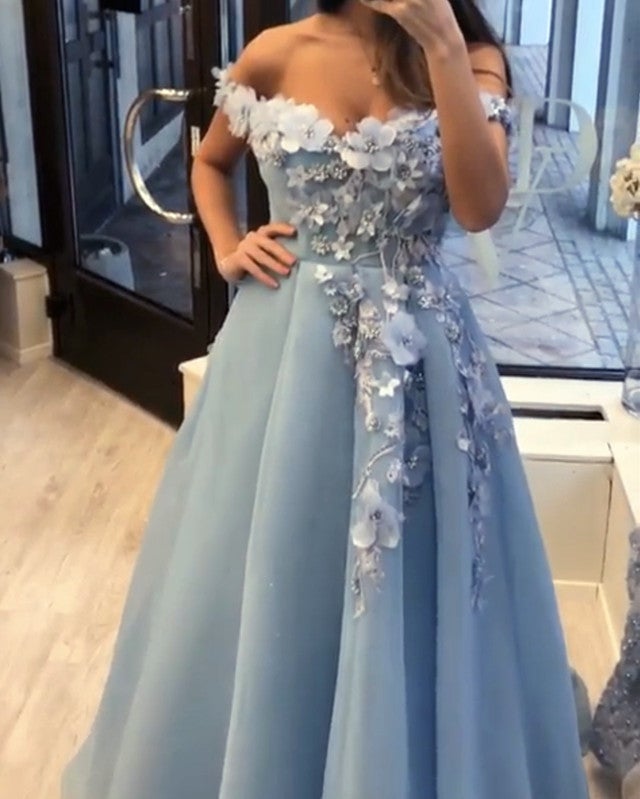 Tulle Formal Prom Dresses Lace Flowers Beaded Off The Shoulder Tulle Formal Prom Dresses Lace Flowers Beaded Off The Shoulder