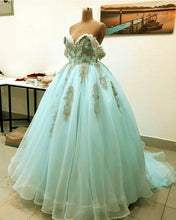 Load image into Gallery viewer, Tulle Off Shoulder Ball Gown Lace Embroidery Quinceanera Dresses