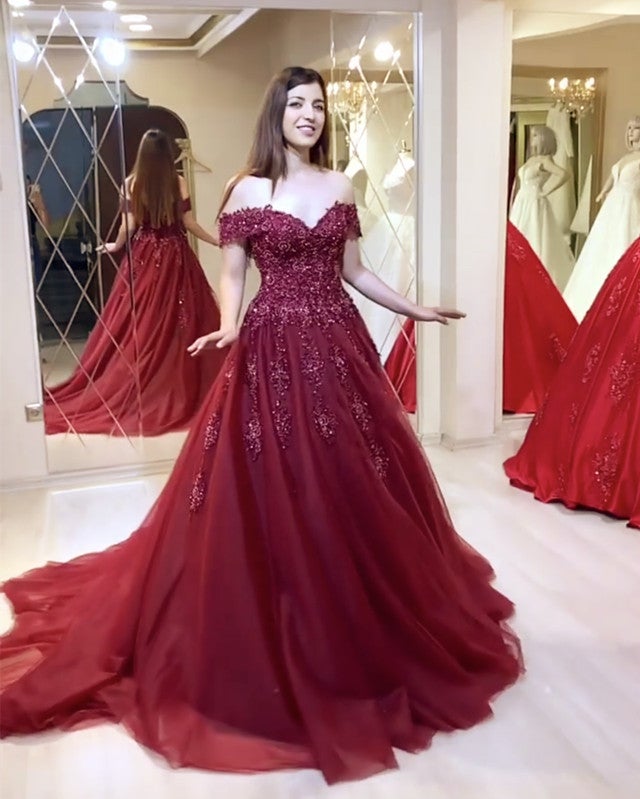 Tulle Off The Shoulder Dresses V Neck Lace Appliques Tulle Off The Shoulder Dresses V Neck Lace Appliques