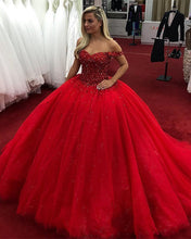 Load image into Gallery viewer, Tulle Princess Ball Gown Dresses Crystal Beaded Off The Shoulder