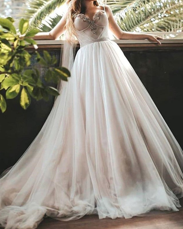 strapless open back dress Tulle Princess Wedding Dress Sweetheart Corset Pearl Beaded