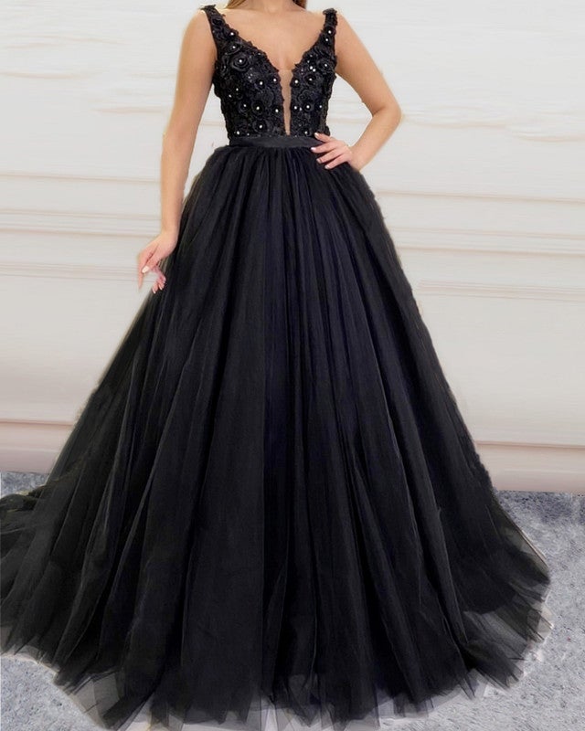 Tulle Prom Dresses Ball Gown Lace Flowers V Neck alinanova Tulle Prom Dresses Ball Gown Lace Flowers V Neck alinanova