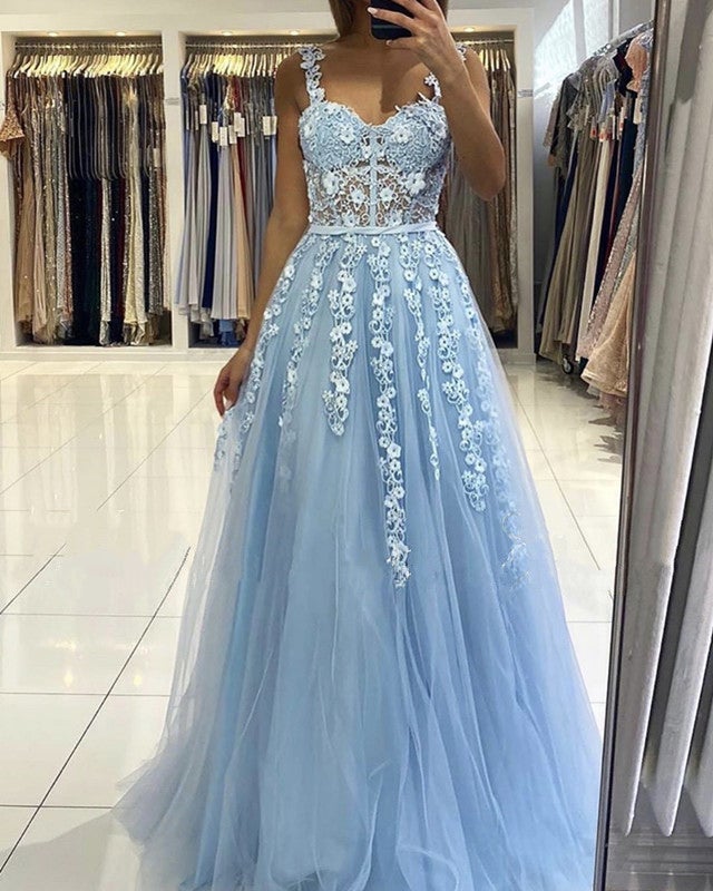 Tulle Prom Dresses Sweetheart Appliques Spaghetti Straps Tulle Prom Dresses Sweetheart Appliques Spaghetti Straps