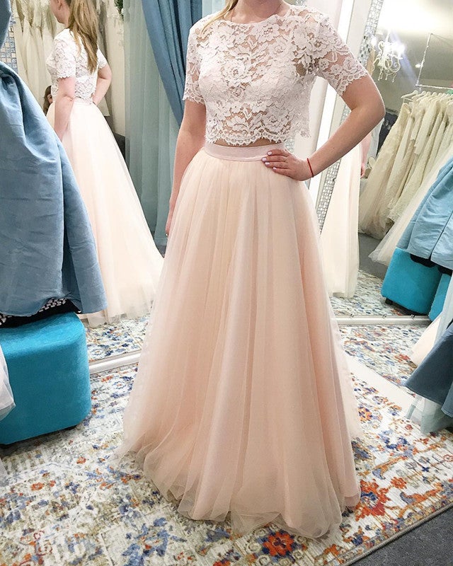 Tulle Prom Dresses Two Piece Lace Crop Tulle Prom Dresses Two Piece Lace Crop
