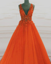 Load image into Gallery viewer, Tulle V Neck Orange Ball Gown Prom Dresses
