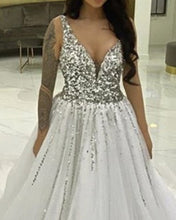 Load image into Gallery viewer, Tulle V Neck Wedding Dress With Sparkles
