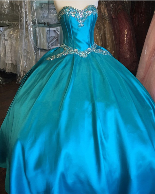 Turquoise Blue Satin Sweetheart Ball Gowns Quinceanera Dresses Crystal Beaded Turquoise Blue Satin Sweetheart Ball Gowns Quinceanera Dresses Crystal Beaded