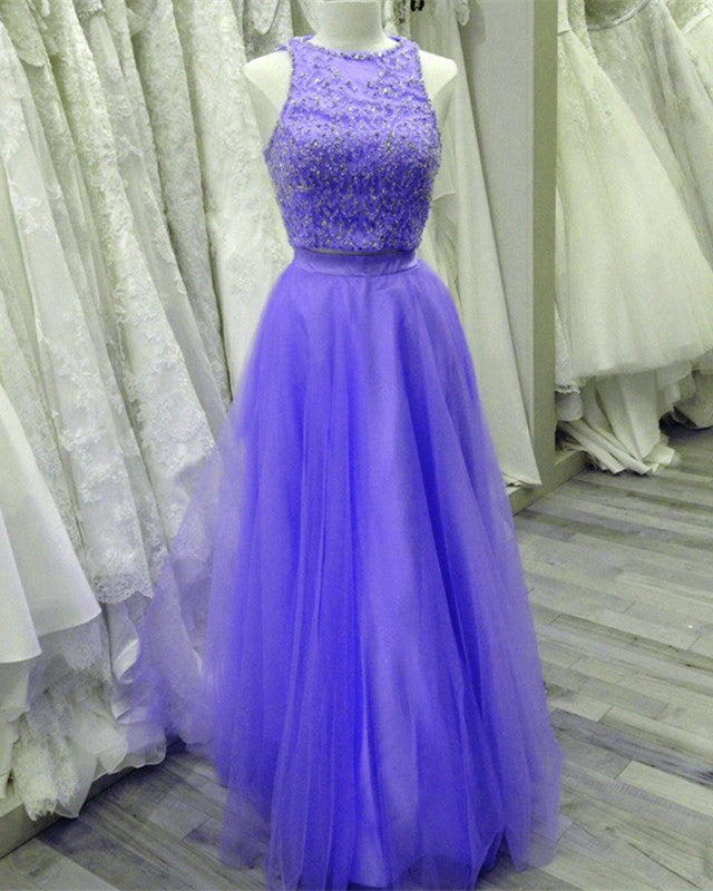 Two Piece Lavender Prom Dresses Lace Crop Two Piece Lavender Prom Dresses Lace Crop