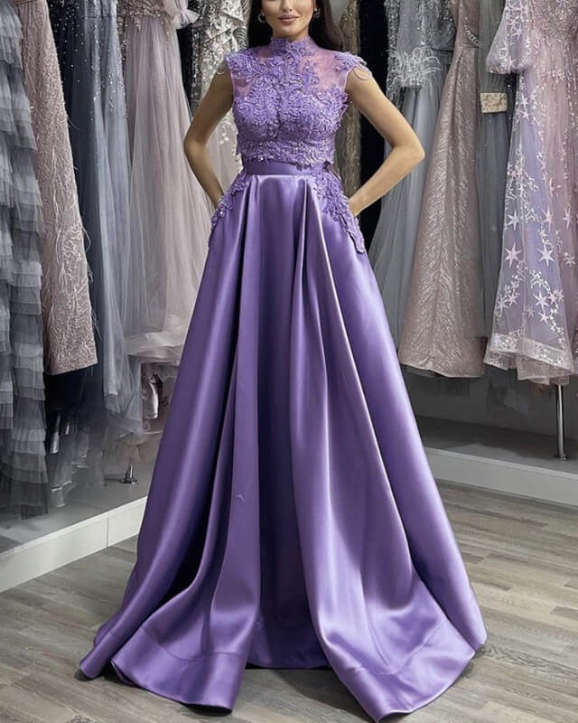 open lace back dress Two Piece Satin Appliques Prom Dress with Pockets open lace back dress Two Piece Satin Appliques Prom Dress with Pockets