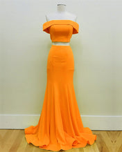 Load image into Gallery viewer, Two Piece Orange Prom Dresses Mermaid Off Shoulder-alinanova