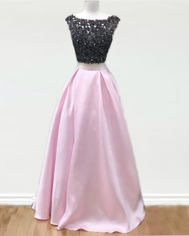 Black Lace Beaded Two Piece Satin Prom Dresses