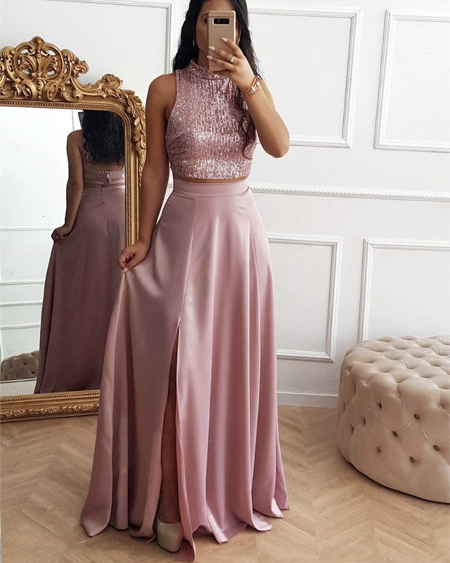 Two Piece Prom Dresses Sequins High Neck Split Skirt Two Piece Prom Dresses Sequins High Neck Split Skirt
