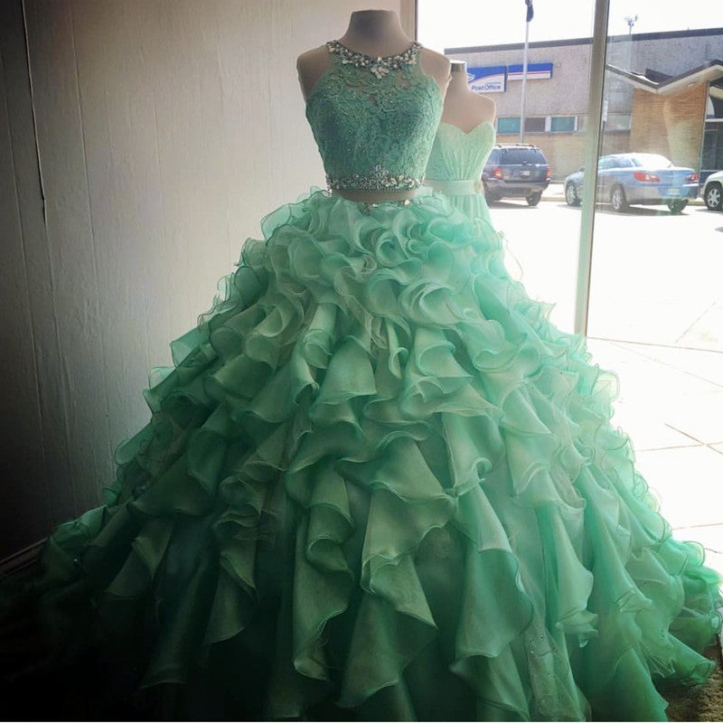 Two Piece Quinceanera Dresses Ball Gowns Organza Layered With Lace Crop