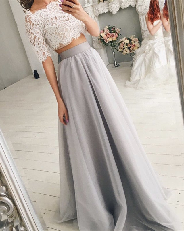 Two Piece Wedding Dresses Tulle Floor Length With Lace Crop Two Piece Wedding Dresses Tulle Floor Length With Lace Crop