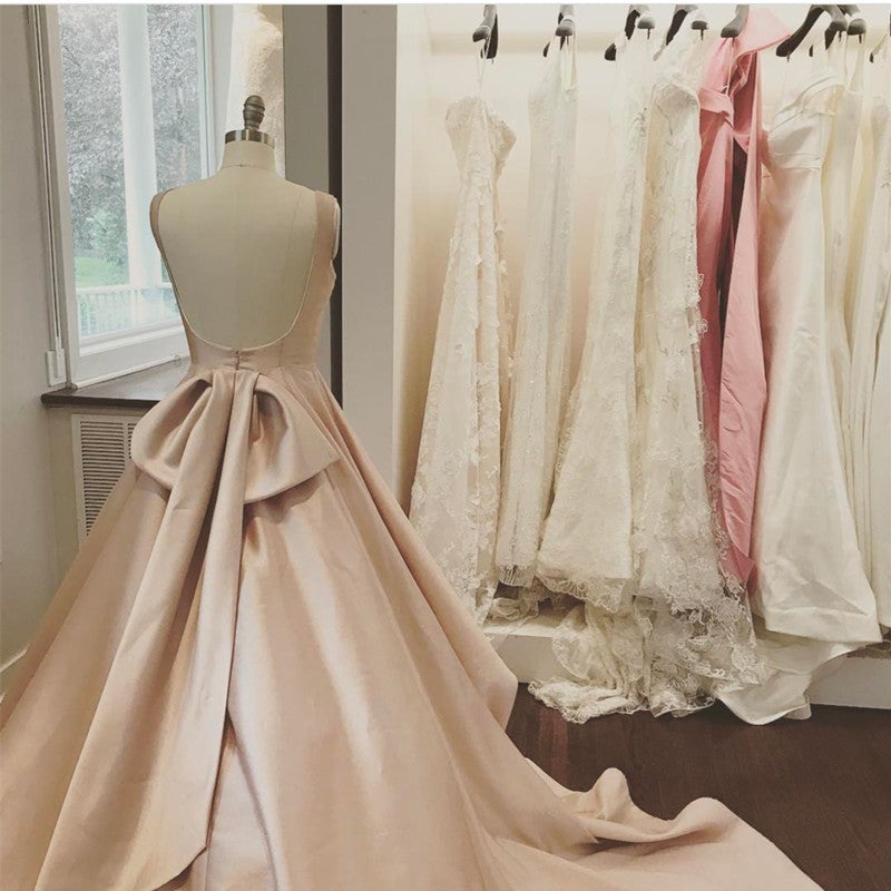 Unique Bow Back Satin Princess Wedding Dresses Pink