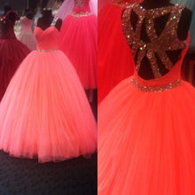Load image into Gallery viewer, Unique Cross Back Design Tulle Coral Quinceanera Dresses Ball Gowns Crystal Beading-alinanova