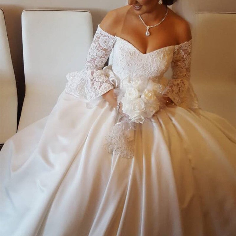 V Neck Off The Shoulder Satin Wedding Ball Gown Dresses Lace Puffy Sleeves V Neck Off The Shoulder Satin Wedding Ball Gown Dresses Lace Puffy Sleeves